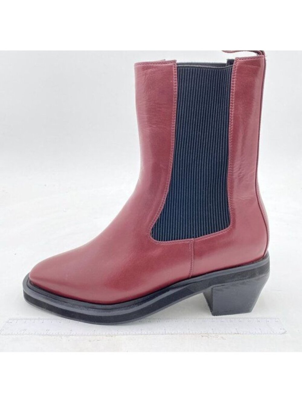 Dark Red Round Toe Mid Block Heel Chelsea Boots Elastic Pull On Ankle Booties